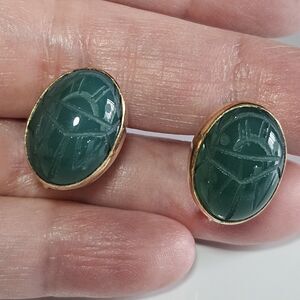 Vintage Signed Bal Ron 14k Gold-Filled Green Carved Scarab Screw-back Earrings